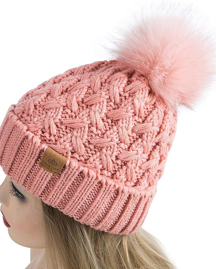 PAGE ONE Womens Winter Ribbed Beanie Crossed Cap Chunky Cable Knit Pompom Soft Warm Hat