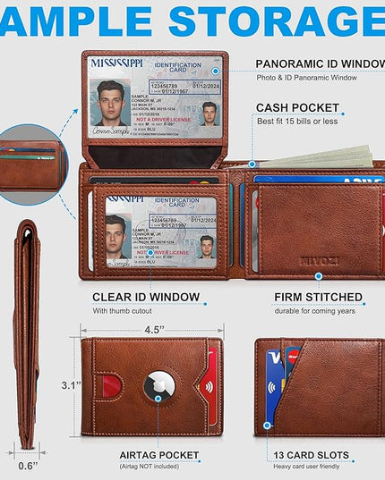 miyozi Airtag Wallet for Men,with Cash Pocket 2 ID Window 13 Cards,Slim Leather Wallet Front Pocket Card Holder RFID Blocking with Gift Box
