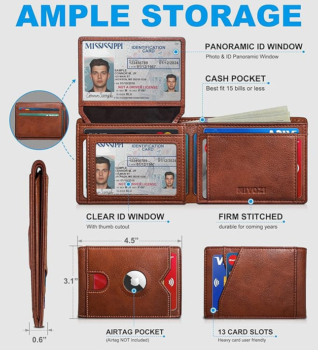 miyozi Airtag Wallet for Men,with Cash Pocket 2 ID Window 13 Cards,Slim Leather Wallet Front Pocket Card Holder RFID Blocking with Gift Box