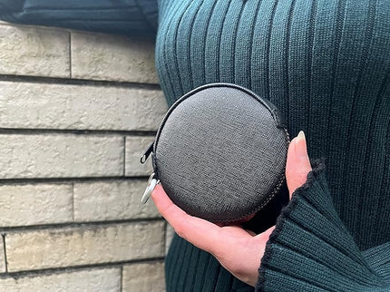 OneJoy Mini Round Coin Purse with Clip on, Lightweight Waterproof Zipper Pouch for Earbuds, Keys, Coins, Compact Travel Storage Case for Women & Men, Xmas Gift [ Black ]