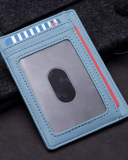 Buffway Slim Minimalist Front Pocket RFID Blocking Leather Wallets for Men and Women - Lichee Blue Grey