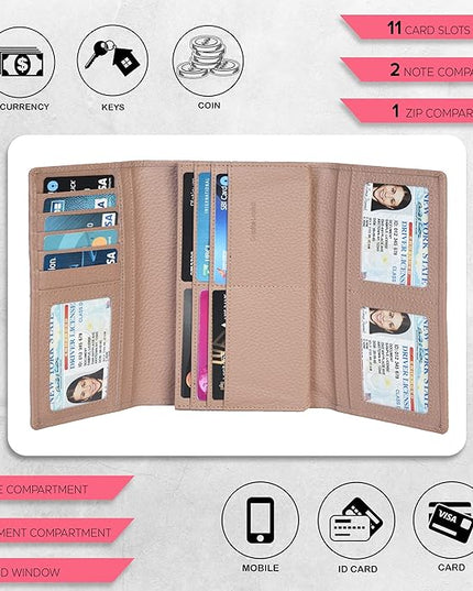Real Leather Women Wallet Leather with RFID Blocking -Trifold Card Holder Designer Ladies Clutch with ID Window Wallets