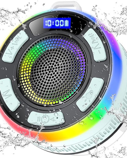 Shower Bluetooth Speaker IPX7 Waterproof, Portable Bluetooth Speakers with Suction Cup and Time Display, Crystal Sound&Bass LED Light 1100mAh, Wireless Shower Speaker for Outdoor/Kayak/ Light Cyan