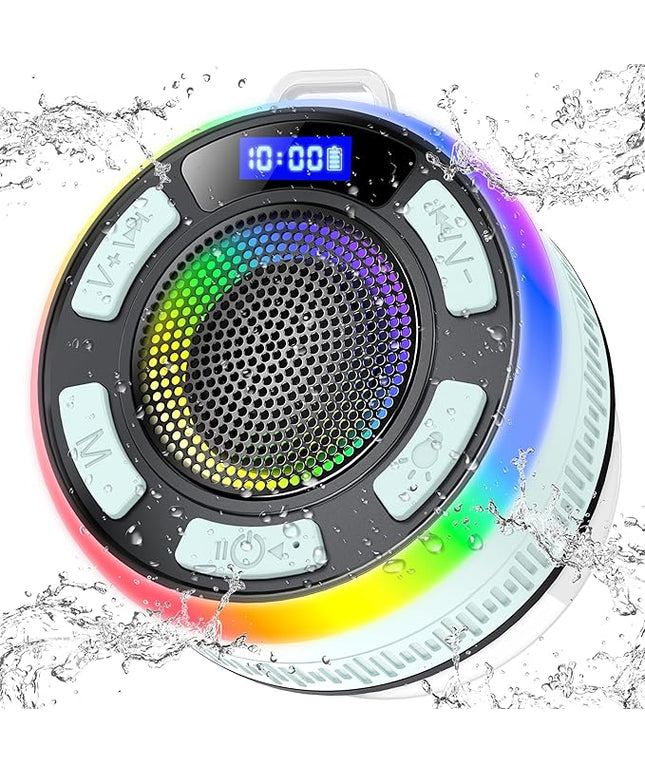 Shower Bluetooth Speaker IPX7 Waterproof, Portable Bluetooth Speakers with Suction Cup and Time Display, Crystal Sound&Bass LED Light 1100mAh, Wireless Shower Speaker for Outdoor/Kayak/ Light Cyan