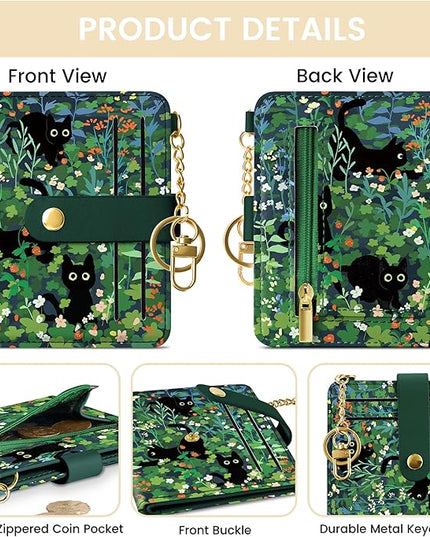 Sodsay Small Slim Wallet Women RFID Blocking, PU Leather Bifold Ladies Wallet with Zipper Coin Pocket, Thin Cute Travel Card Wallets for Girls, Black Cat Blooms