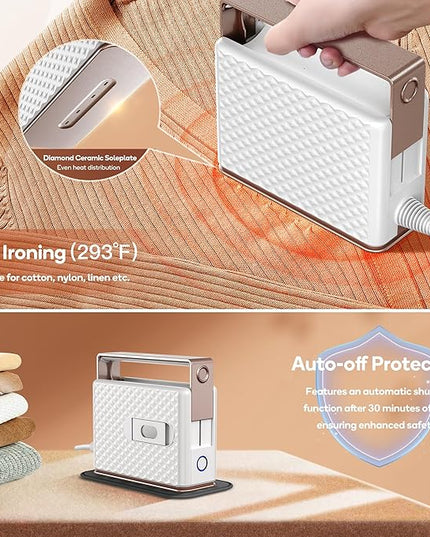 Newbealer Travel Steam Iron for Clothes, Global Voltage 100-240V Handheld Steamer, 293℉ Dry Ironing, Non-Stick Ceramic Soleplate, Horizontal & Vertical Steaming, Auto-off, Silicone Rest & Zipper Bag