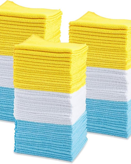 Amazon Basics Microfiber Cleaning Cloths for Cars, Non-Abrasive, Highly Absorbent, Lint and Scratch-Free, Reusable and Washable, Car Detailing Towels, 16" x 12", Blue/White/Yellow, 144-Pack