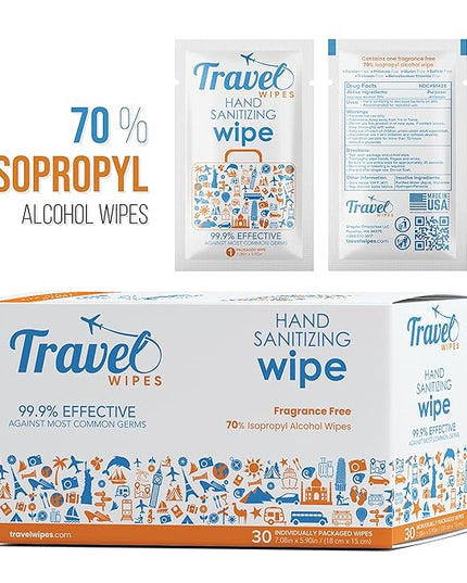 Hand Sanitizing Travel Wipes – 30ct Individually Wrapped | Fragrance-Free, Moisturizing, 70% Isopropyl Alcohol Wipes | Travel, Home, Office, Daily Use | Made in USA