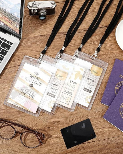 Patelai 50 Pcs 4 x 5.5 Inch Clear Passport Holders with Lanyard Extra Large PVC Card Holder Waterproof Name Badge Holder for Cruise Vacation Credit Card Plane Ticket Receipt (Black)