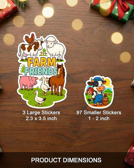 100 PCS Farm Animal Stickers Pack, Vinyl Waterproof Cartoon Decals of Cow Pig Dog Cat Horse Chicken Decals for Laptop Water Bottle Scrapbook Car, Gift for Students, Teens, Adults