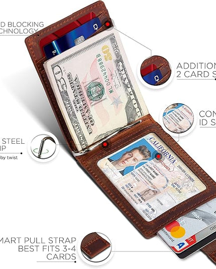 SERMAN BRANDS RFID Blocking Slim Bifold Genuine Leather Minimalist Front Pocket Wallets for Men with Money Clip Thin Mens