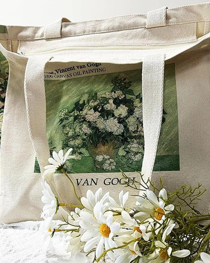 BROADREAM Aesthetic Canvas Tote Bag for Women, Vintage Reusable Book Tote Bag with Inner Zipper Pocket