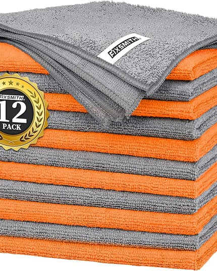 FIXSMITH Microfiber Cleaning Cloth -Pack of 12, Highly Absorbent Cleaning Rags(Grey&Orange), 16"X12" All Purpose Cleaning Towels for Housekeeping, Kitchen, Car, Reusable Microfiber Towels