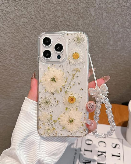 for iPhone 11 Case, [Real Daisy White Flower & Gold Foil][with Luxury Bracelet Wrist Strap] Floral Design, Clear Soft TPU for Women and Girls