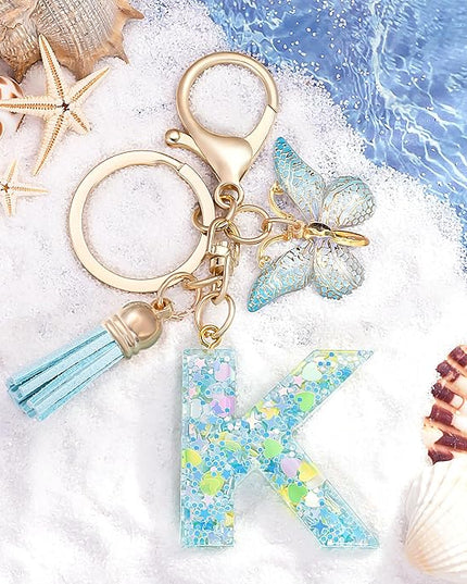 Fashion Alphabet Initial Letter Keychain Tassel Butterfly Pendant Key Ring for Purse Handbags Women Girl
