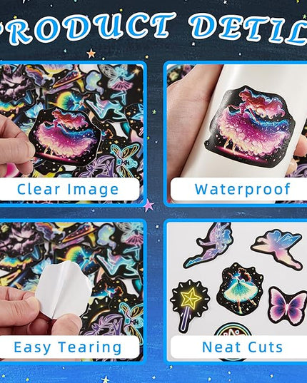 Neon Princess Water Bottle Stickers for Kids，50 Pcs Fairy Waterproof Vinyl Laptop Decals, Teens Girls Boys Adults Phone Case Skateboard Luggage Decor