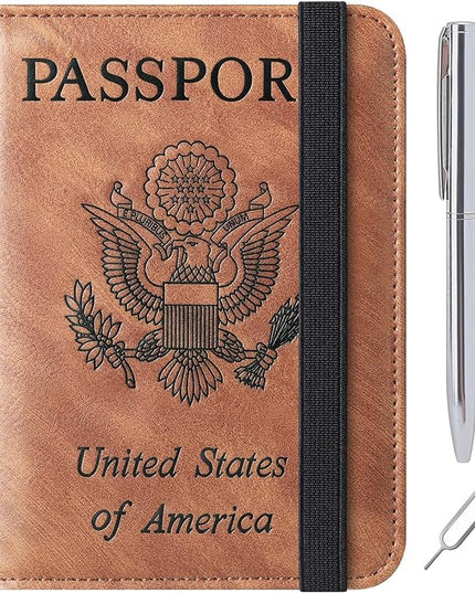 Passport Holder Cover Wallet Travel Essentials Leather Rfid Blocking Case Vacation Luggage Must Haves Travel Accessories for Men Women (116#Brown)