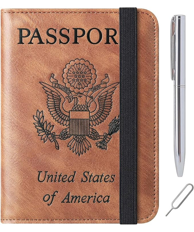 Passport Holder Cover Wallet Travel Essentials Leather Rfid Blocking Case Vacation Luggage Must Haves Travel Accessories for Men Women (116#Brown)