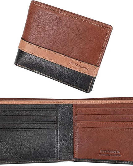 BOTANNER Mens Genuine Leather Bifold Wallet | RFID Blocking, 8 Credit Card Slots, 2 Sections for Bills & 2 Additional Slots | Tan/Camel/Black
