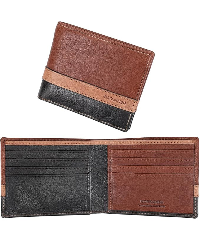 BOTANNER Mens Genuine Leather Bifold Wallet | RFID Blocking, 8 Credit Card Slots, 2 Sections for Bills & 2 Additional Slots | Tan/Camel/Black