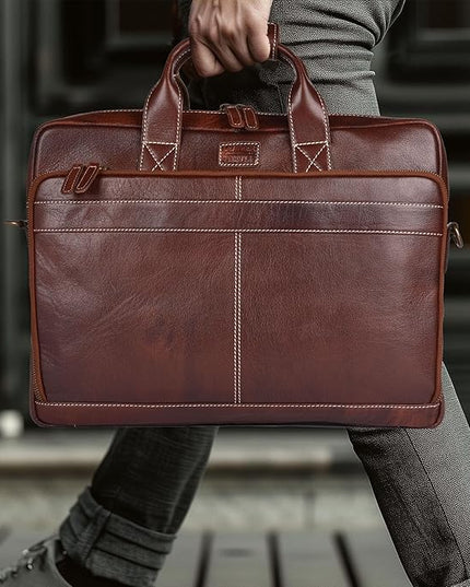 LEATHER VILLAGE 18" Leather Laptop Messenger Briefcase Bag for Men-Leather Satchel for Travel and Office Shoulder Bag-Red Brown