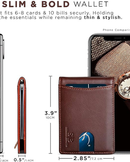 SERMAN BRANDS RFID Blocking Slim Bifold Genuine Leather Minimalist Front Pocket Wallets for Men with Money Clip Thin Mens