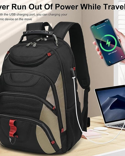 Boavan Laptop Backpack for men, 17.3 inch Laptop Bag with USB Port, Waterproof Travel Work Backpack Purse, Anti-Theft Teacher Nurse Doctor Casual Bookbags Office Business backpack，Black&Khaki