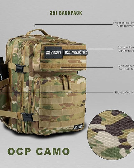 WOLFpak 35L Athletic Gym Backpack - Durable 1000D Waterproof Oxford Material with MOLLE Webbing, Laptop Pocket & Dual Cup Holders, Durable Fitness/Travel/Military Daypack (OCP Camo)