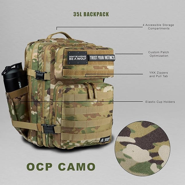 WOLFpak 35L Athletic Gym Backpack - Durable 1000D Waterproof Oxford Material with MOLLE Webbing, Laptop Pocket & Dual Cup Holders, Durable Fitness/Travel/Military Daypack (OCP Camo)