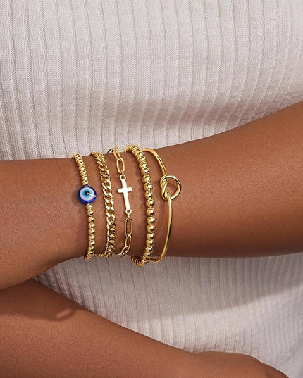 Gold Bracelets Set for Women Stack, Dainty Thick Bracelets Stack for Women Trendy, Simple Thin Gold Plated Cuff Stackable Bracelets With Beaded Cuban Paperclip Snake Rope Bangle Hand Chain Jewelry Gifts for Women Non Tainish