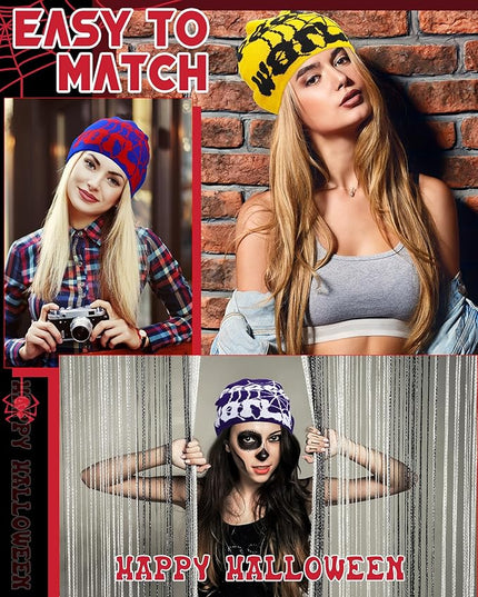Toulite 12 Pieces Y2K Spider Web Beanie Gothic Graphic Beanies Outdoor Winter Warm Knitted Hat for Men Women
