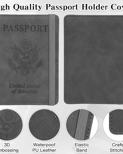 Passport Holder for Travel, RFID Blocking Passport Cover with Pen Holder Leather Passport Wallet Case Travel Must Haves Accessories Passport Book Card Holder for Family Travel Essentials Gifts, Gray