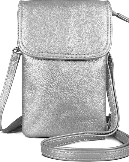 befen Genuine Leather Small Crossbody Bags for Women Cell Phone Bag Cross Body Purses,Silver Zipper