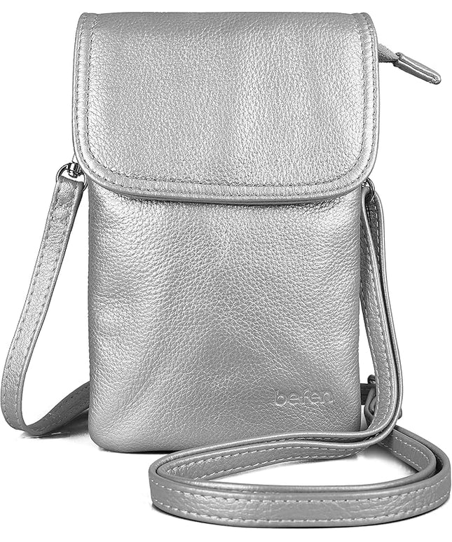 befen Genuine Leather Small Crossbody Bags for Women Cell Phone Bag Cross Body Purses,Silver Zipper