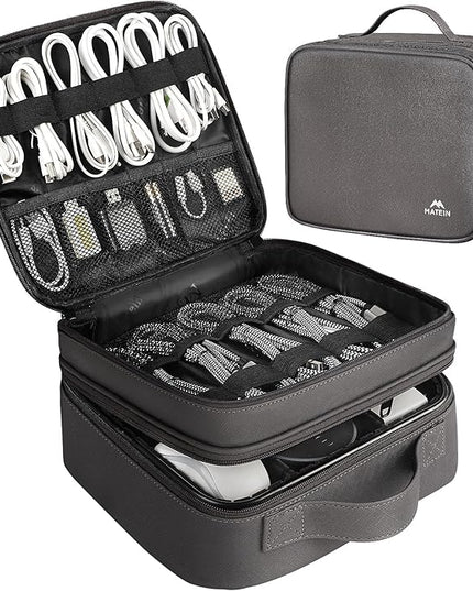 MATEIN Cord Organizer Case with Adjustable Divider, DJ Cable File Bag for Electronic Storage, USB Cable, Charger, Tech Accessories, Shockproof Portable Double Layer Cord Bags, Grey