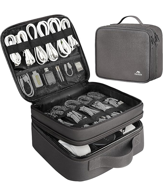 MATEIN Cord Organizer Case with Adjustable Divider, DJ Cable File Bag for Electronic Storage, USB Cable, Charger, Tech Accessories, Shockproof Portable Double Layer Cord Bags, Grey