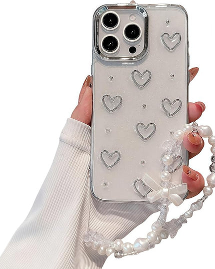 for iPhone 15 Plus Case, [Premium 3D Silver Love Heart Pattern] [Transparent Creative Case] [2-in-1 Beaded Wrist Strap] Soft TPU Shockproof for Women and Girl