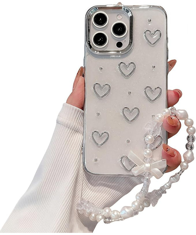 for iPhone 13 Pro Max Case, [Premium 3D Silver Love Heart Pattern] [Transparent Creative Case] [2-in-1 Beaded Wrist Strap] Soft TPU Shockproof for Women and Girl