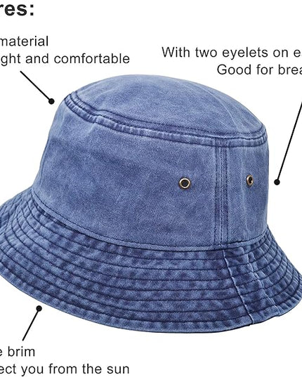 Bucket Hat, Wide Brim Washed Denim Cotton Outdoor Sun Hat Flat Top Cap for Fishing Hiking Beach Sports