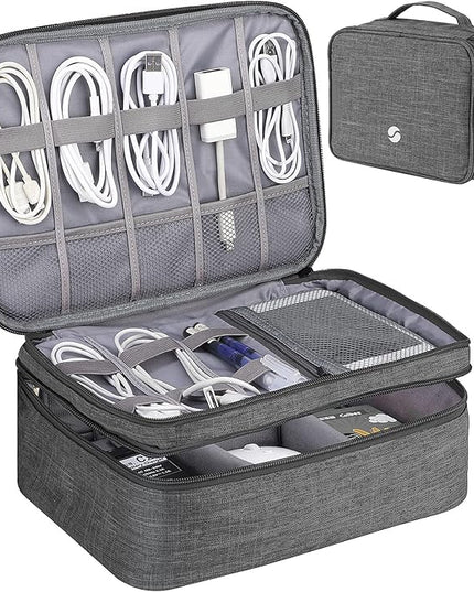 ORIENT FAMULAY Travel Organizer, Waterproof Cable Bag for Electronic Accessories Double Layer Large Shockproof Storage Bag for Cord, Hard Disk, Power Bank, Tablet -Gray