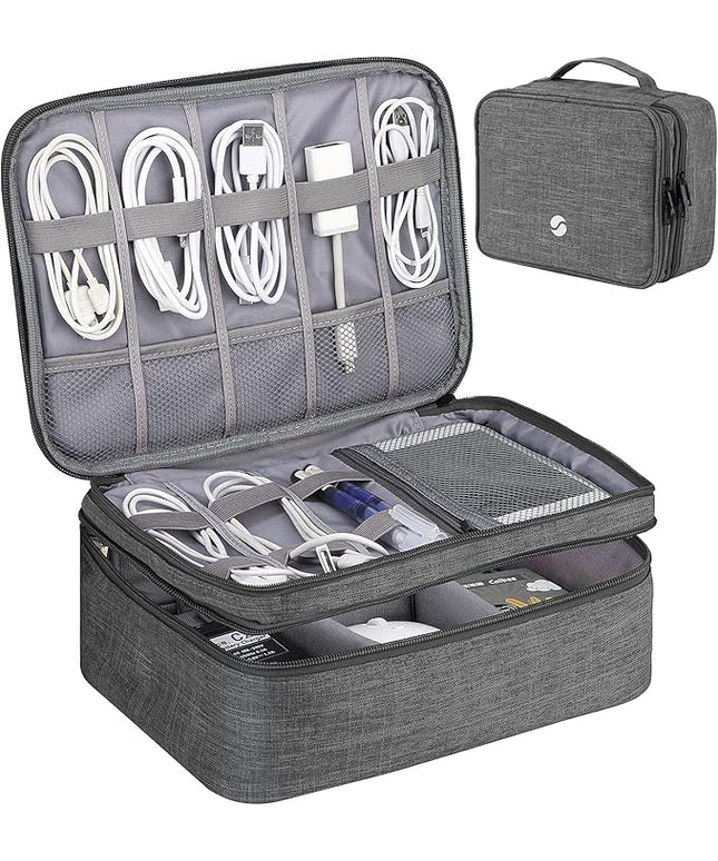 ORIENT FAMULAY Travel Organizer, Waterproof Cable Bag for Electronic Accessories Double Layer Large Shockproof Storage Bag for Cord, Hard Disk, Power Bank, Tablet -Gray