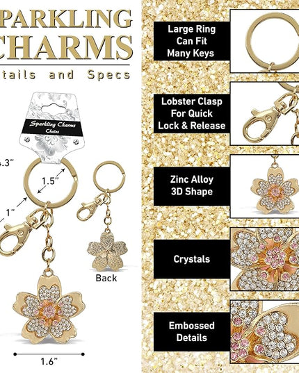 Flower Keychain - Gold 3D Sparkling Charm Rhinestones Fashionable Stylish Metal Alloy Durable Key Ring Bling Crystal Jewelry Accessory with Clasp for Key Chain, Bag, Purse, Backpack, Handbag