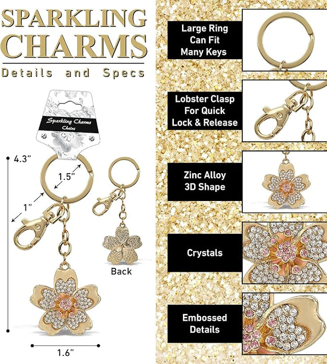 Flower Keychain - Gold 3D Sparkling Charm Rhinestones Fashionable Stylish Metal Alloy Durable Key Ring Bling Crystal Jewelry Accessory with Clasp for Key Chain, Bag, Purse, Backpack, Handbag