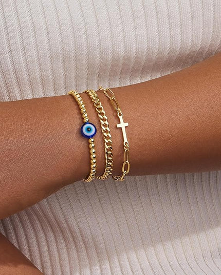 Gold Bracelets Set for Women Stack, Dainty Thick Bracelets Stack for Women Trendy, Simple Thin Gold Plated Cuff Stackable Bracelets With Beaded Cuban Paperclip Snake Rope Bangle Hand Chain Jewelry Gifts for Women Non Tainish