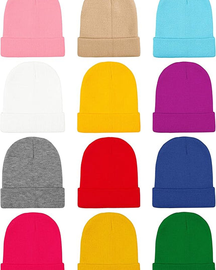 Cooraby 12 Pack Knitted Winter Beanie Cold Weather Acrylic Warm Skull Cap Cuff Watch Hat for Men or Women Homeless Donation