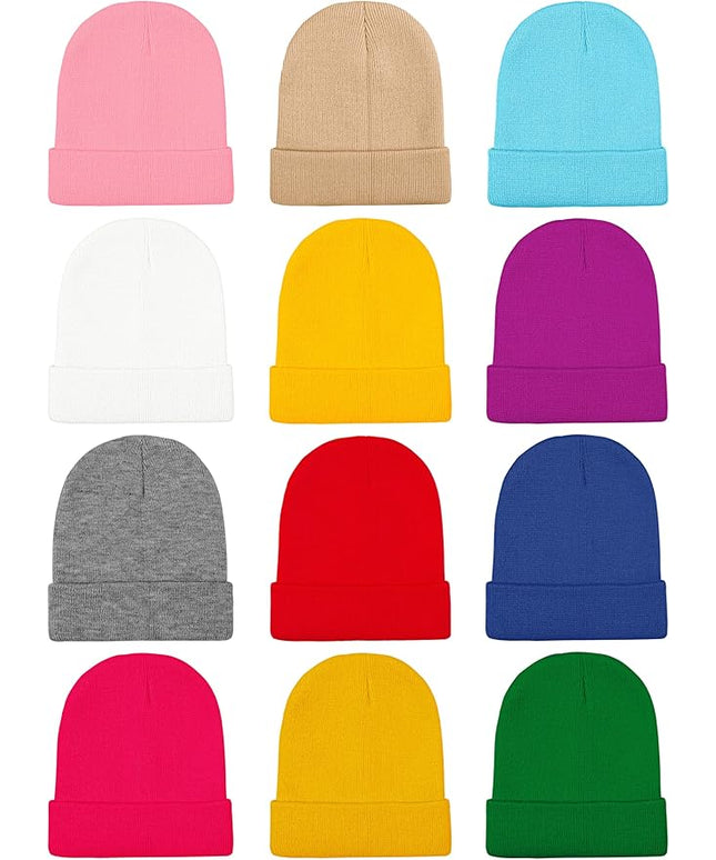 Cooraby 12 Pack Knitted Winter Beanie Cold Weather Acrylic Warm Skull Cap Cuff Watch Hat for Men or Women Homeless Donation