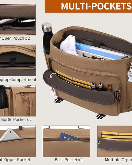 ESTARER Messenger Bag 17-17.3 Inch, Men's Computer Bag Water-resistant Canvas, Laptop Shoulder Bag for Travel Work College, Brown