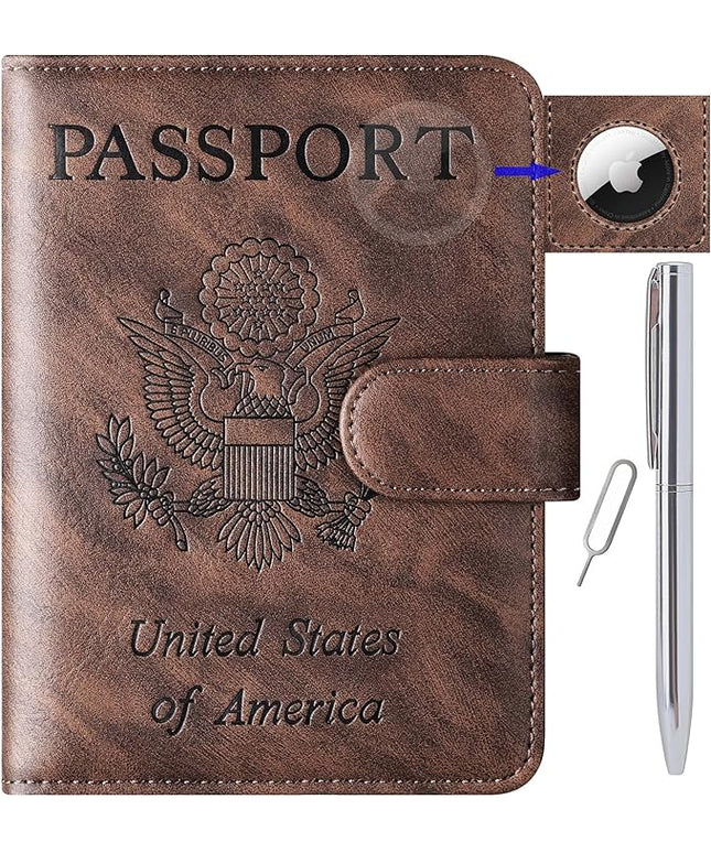 Airtag Passport Holder Cover Wallet Travel Essentials Leather Rfid Blocking Case Vacation Luggage Must Haves Travel Accessories for Men Women (117#Coffee)