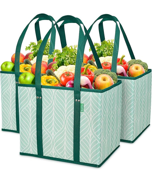Reusable Grocery Bags (3 Pack) – Heavy Duty Reusable Shopping Bags for Groceries with Box Shape to Stand Up, Stay Open, Fold Flat – Large Tote-Bag is Foldable with Long Handles & Hard Bottom (Green)