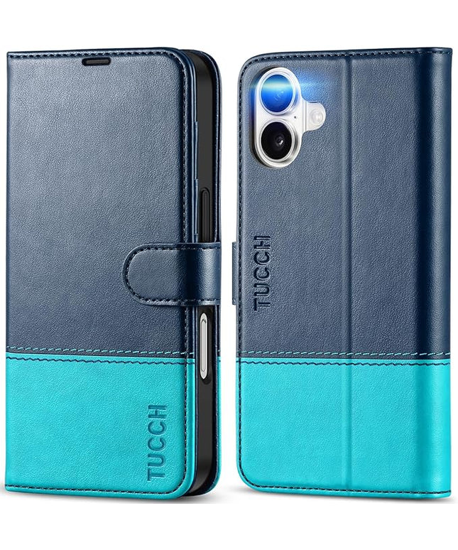 TUCCH Wallet Case for iPhone 16, [RFID Blocking] [4 Card Slots] TPU Interior Protective Case, Magnetic Folio Shockproof PU Leather Stand Flip Cover Compatible with iPhone 16, Dark Blue&Lake Blue